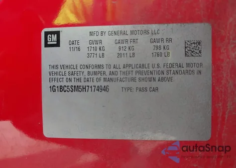 2017 Chevrolet Cruze Ls Auto z USA, uszkodzony, nr VIN 1G1BC5SM5H7174946